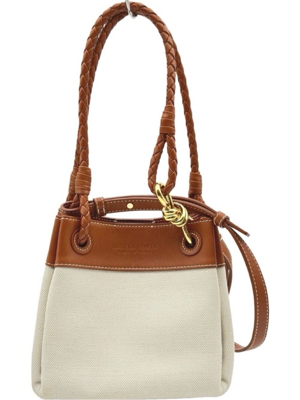 Bottega Veneta parachute Cream Canvas and Brown Leather Tote with Gold Hardware
